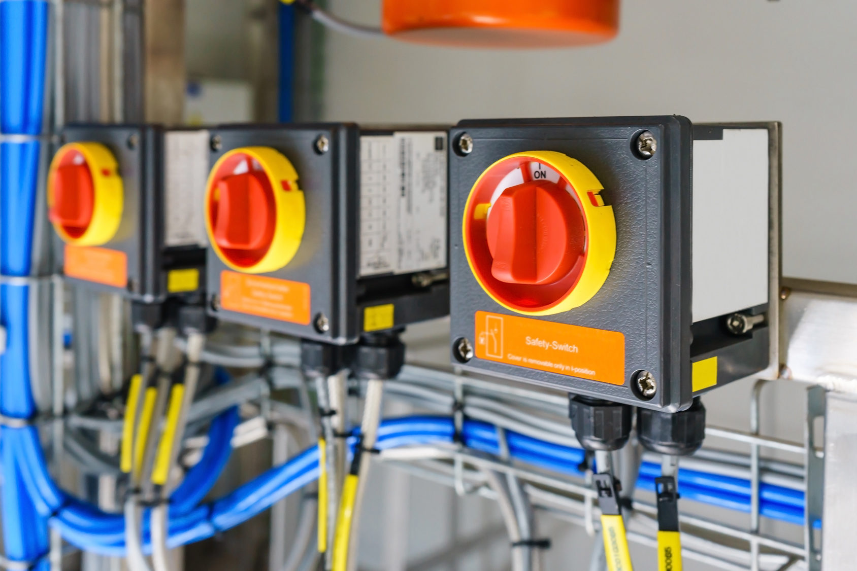 Electrical panel at a assembly line factory. Controls and switches.